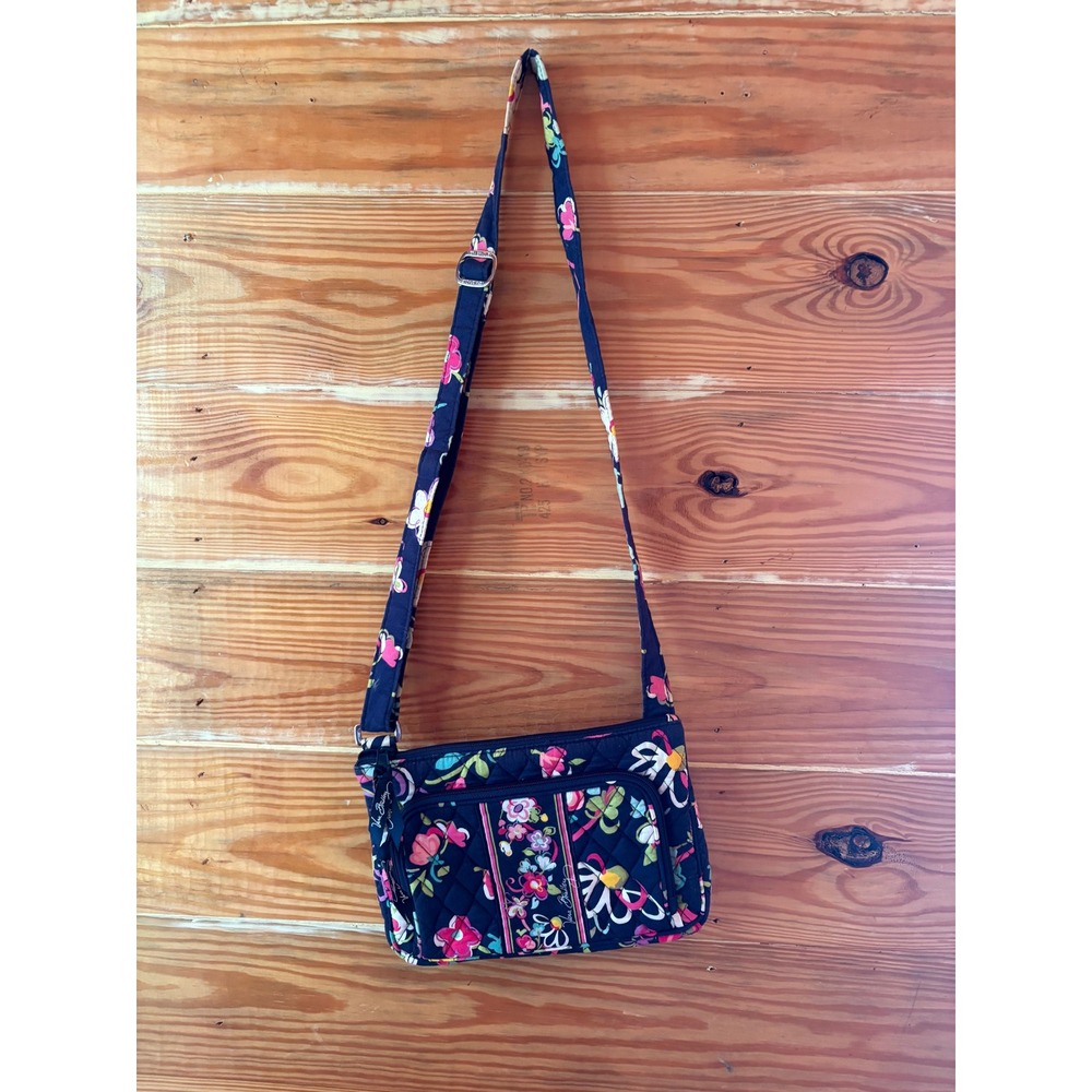 Vera Bradley Frannie Crossbody Bag in Ribbons Navy Blue Floral Quilted Cotton